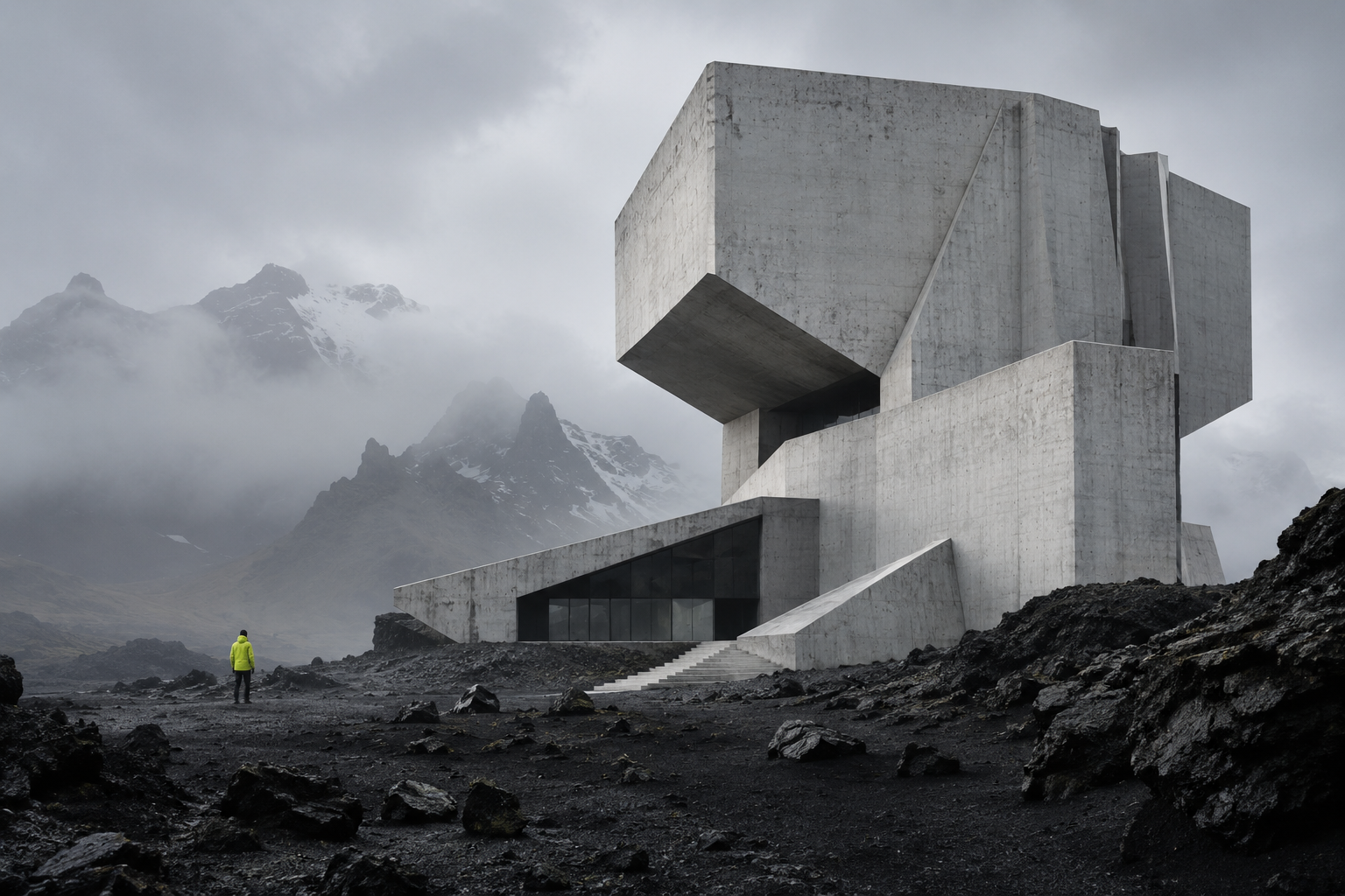 Example AI artwork: concrete architecture on a volcanic landscape